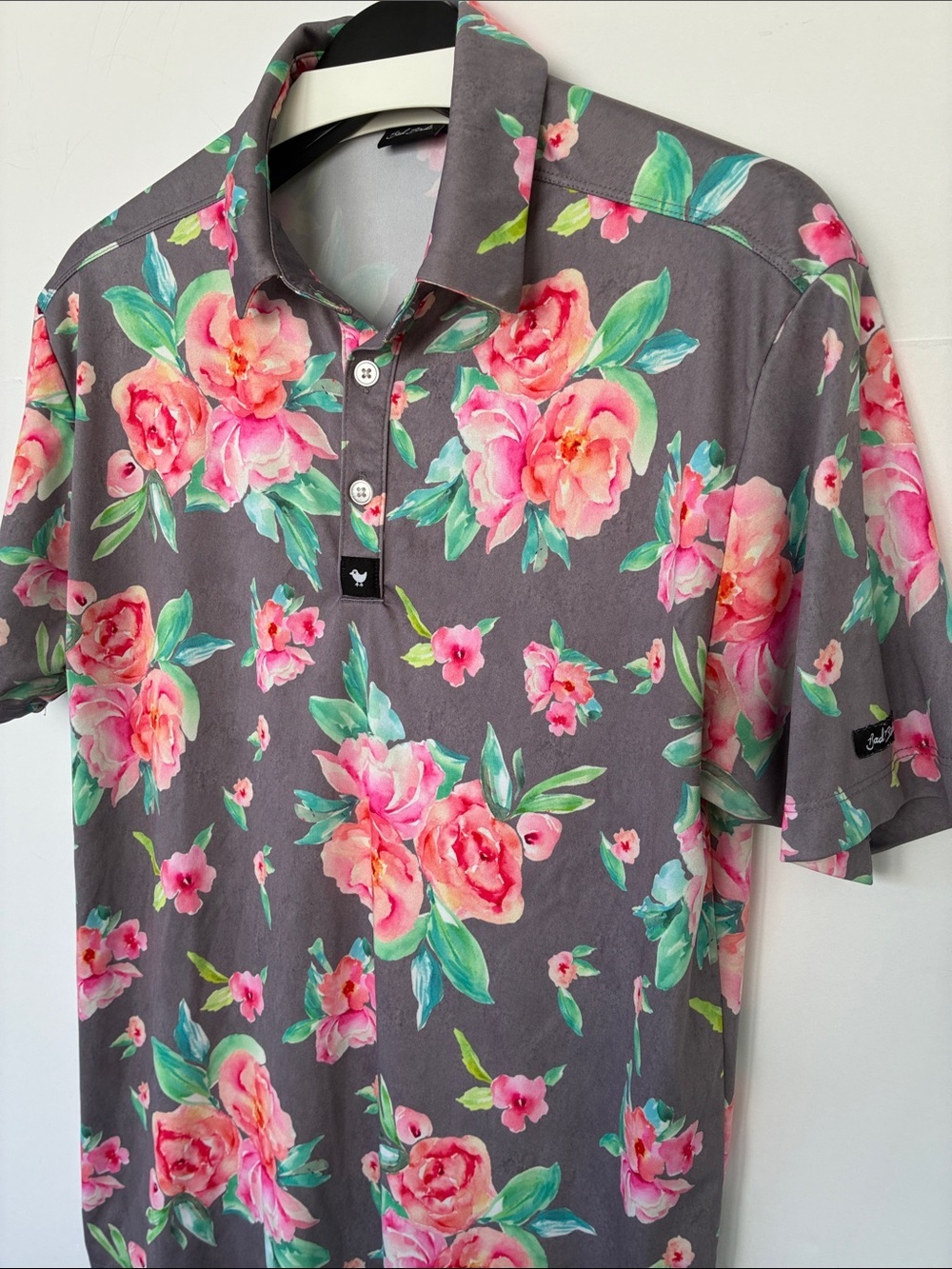 Bad Birdie Gray Polo with Pink Floral Print Medium
